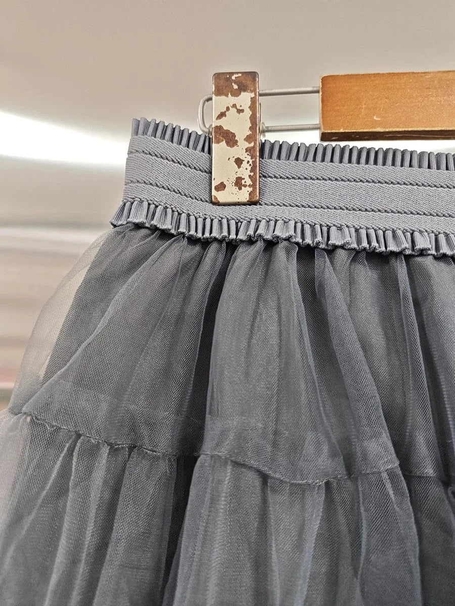 VGH Patchwork Tierred Mesh Ball Gown for Women High Waist Spliced Elastic Solid Sweet Fashion Style Mini Skirts Female Clothes