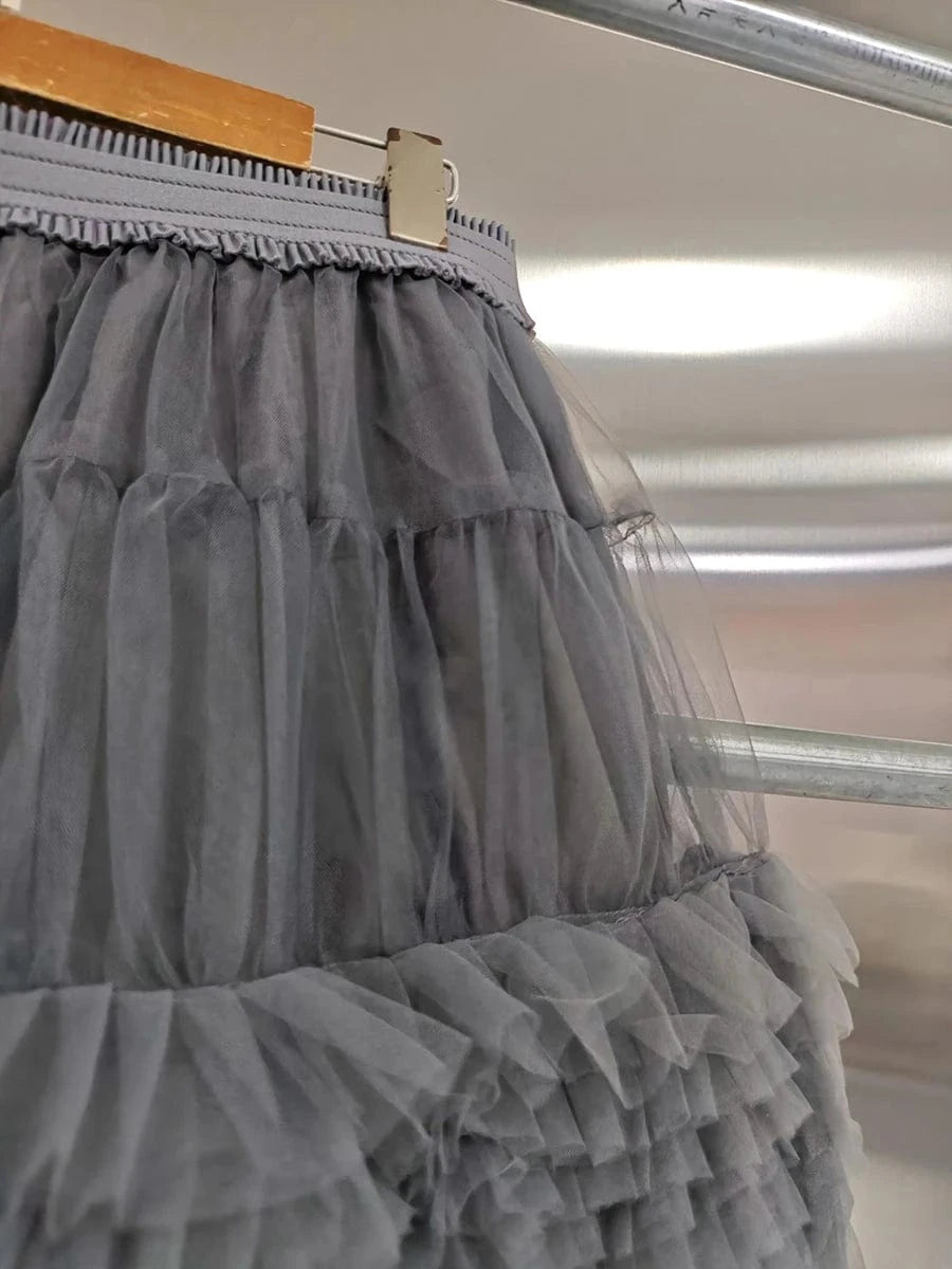 VGH Patchwork Tierred Mesh Ball Gown for Women High Waist Spliced Elastic Solid Sweet Fashion Style Mini Skirts Female Clothes