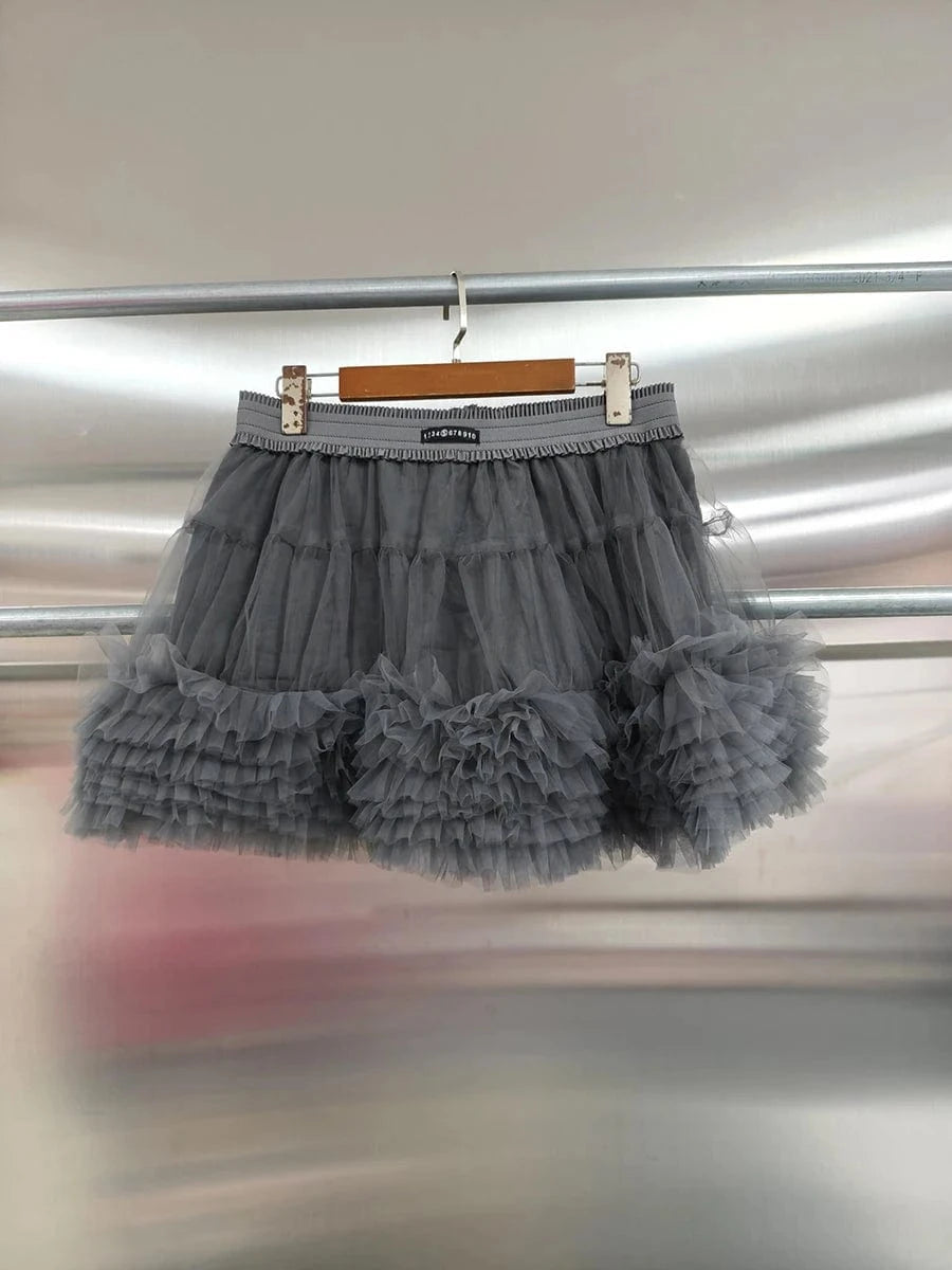 VGH Patchwork Tierred Mesh Ball Gown for Women High Waist Spliced Elastic Solid Sweet Fashion Style Mini Skirts Female Clothes