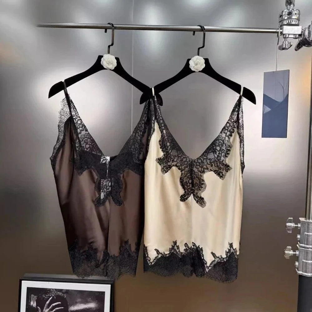 VGH Sexy Loose Patchowrk Lace Vest for Women V Neck Sleeveless Backless Temperament Home Style Tank Top Female Summer Clothing