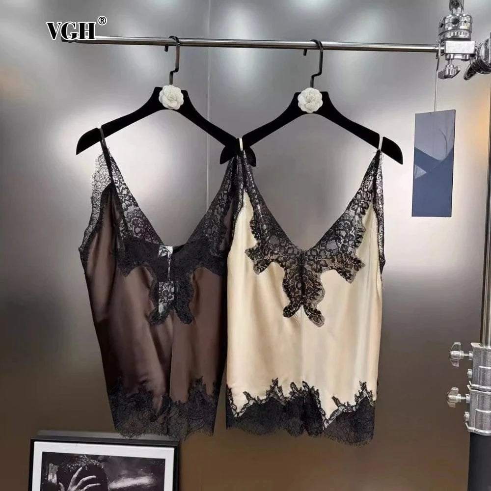 VGH Sexy Loose Patchowrk Lace Vest for Women V Neck Sleeveless Backless Temperament Home Style Tank Top Female Summer Clothing