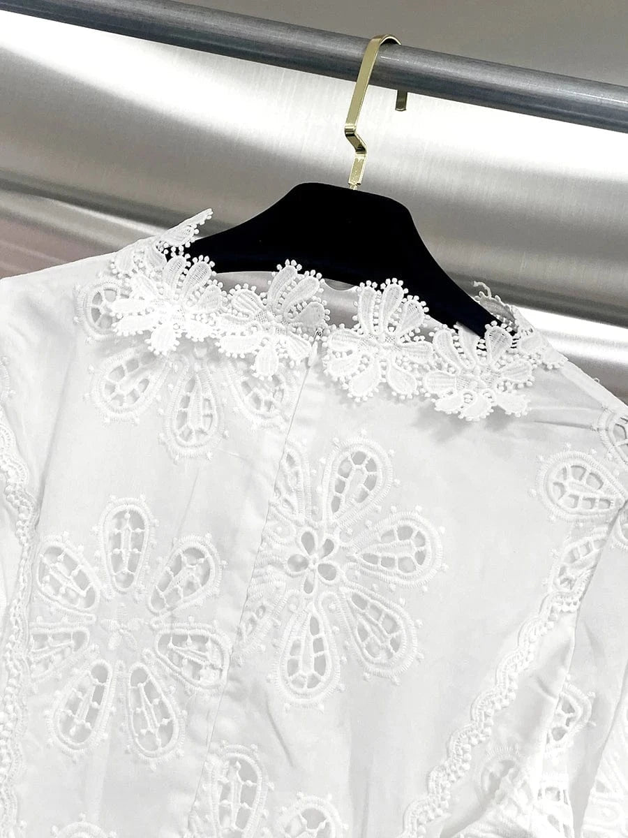 VGH Solid Elegant Spliced Appliques Hollow Dresses for Women V Neck Flare Sleeveless High Waist Temperament Short Dress Female