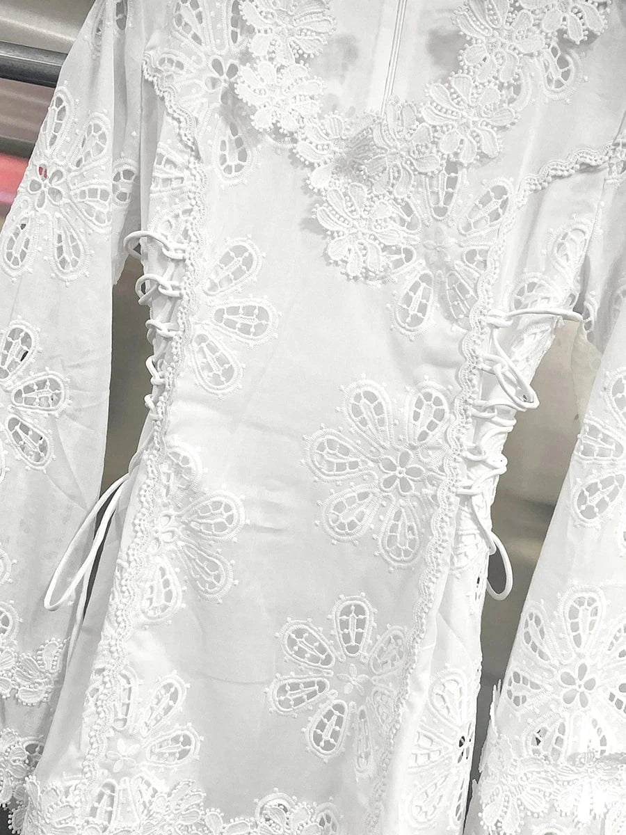 VGH Solid Elegant Spliced Appliques Hollow Dresses for Women V Neck Flare Sleeveless High Waist Temperament Short Dress Female