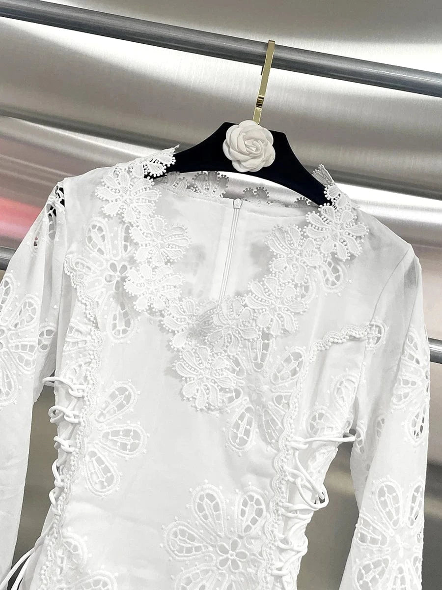 VGH Solid Elegant Spliced Appliques Hollow Dresses for Women V Neck Flare Sleeveless High Waist Temperament Short Dress Female