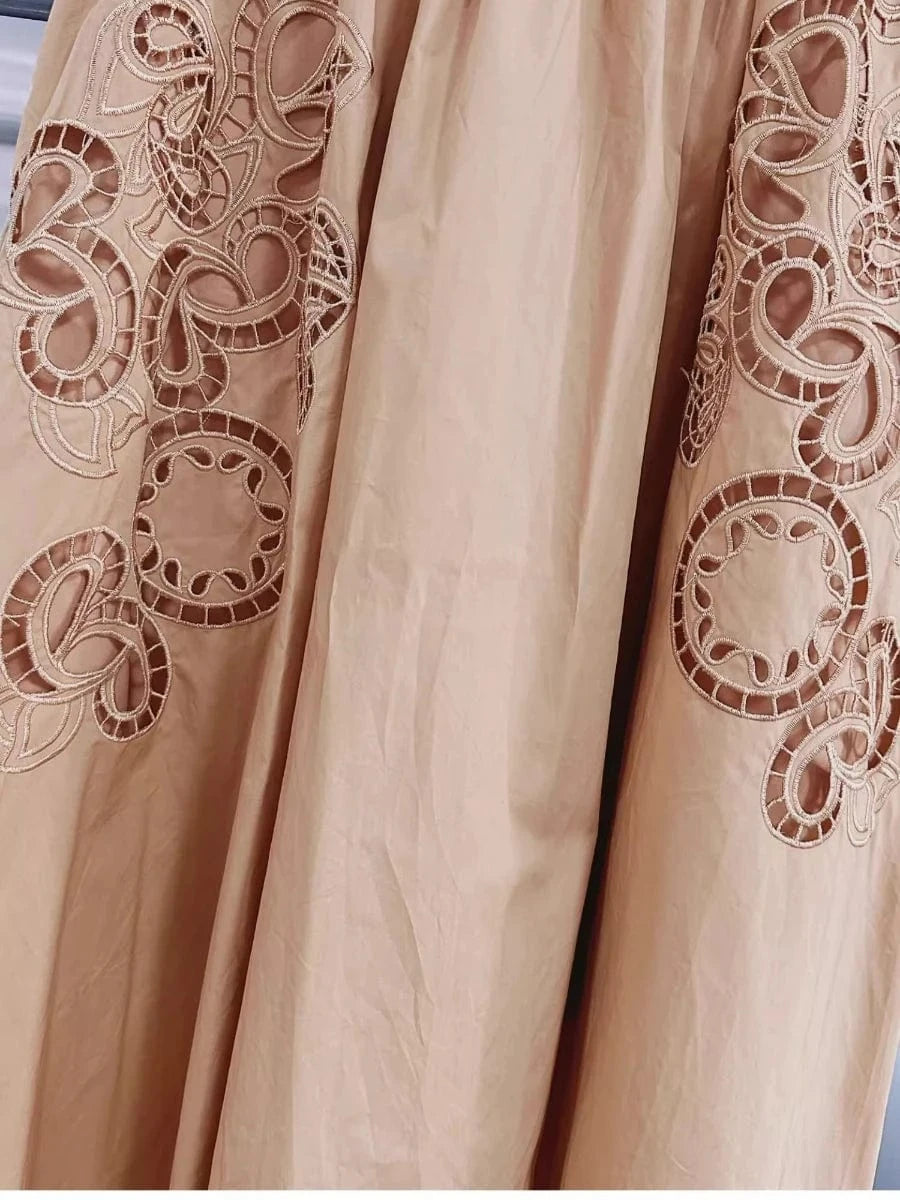 VGH Solid Embroidery Design Two Piece Sets for Women Lapel Sleeveless Top High Wasit Spliced Hollow Out A Line Skirt Suit Female