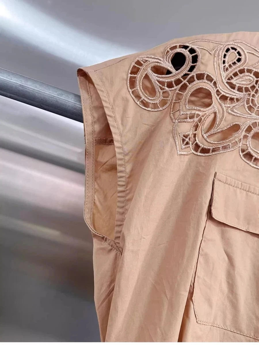 VGH Solid Embroidery Design Two Piece Sets for Women Lapel Sleeveless Top High Wasit Spliced Hollow Out A Line Skirt Suit Female