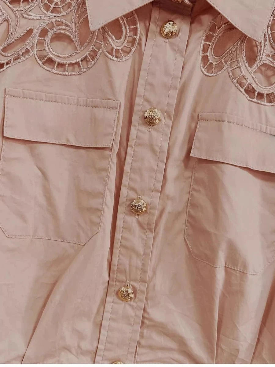 VGH Solid Embroidery Design Two Piece Sets for Women Lapel Sleeveless Top High Wasit Spliced Hollow Out A Line Skirt Suit Female