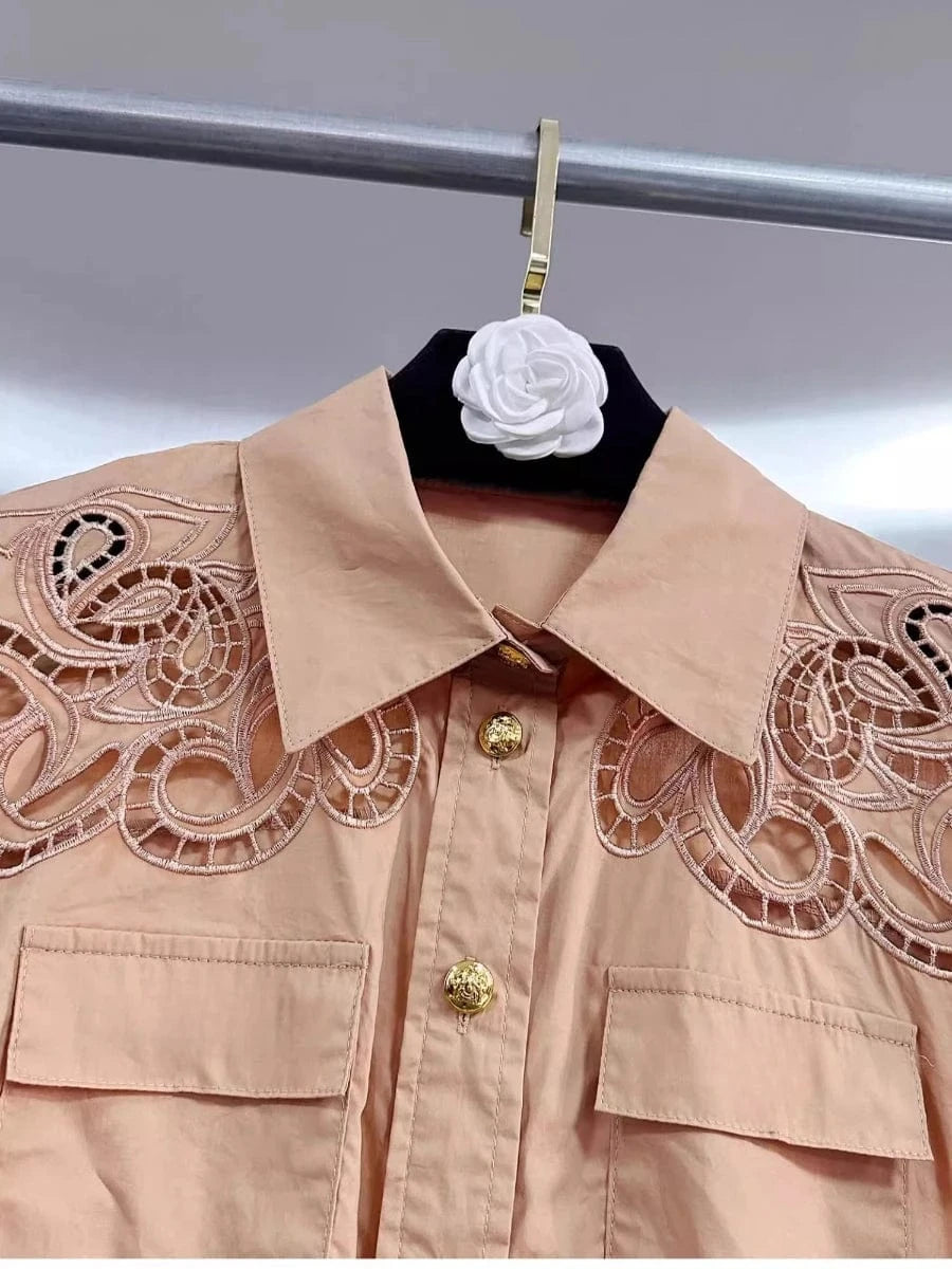 VGH Solid Embroidery Design Two Piece Sets for Women Lapel Sleeveless Top High Wasit Spliced Hollow Out A Line Skirt Suit Female