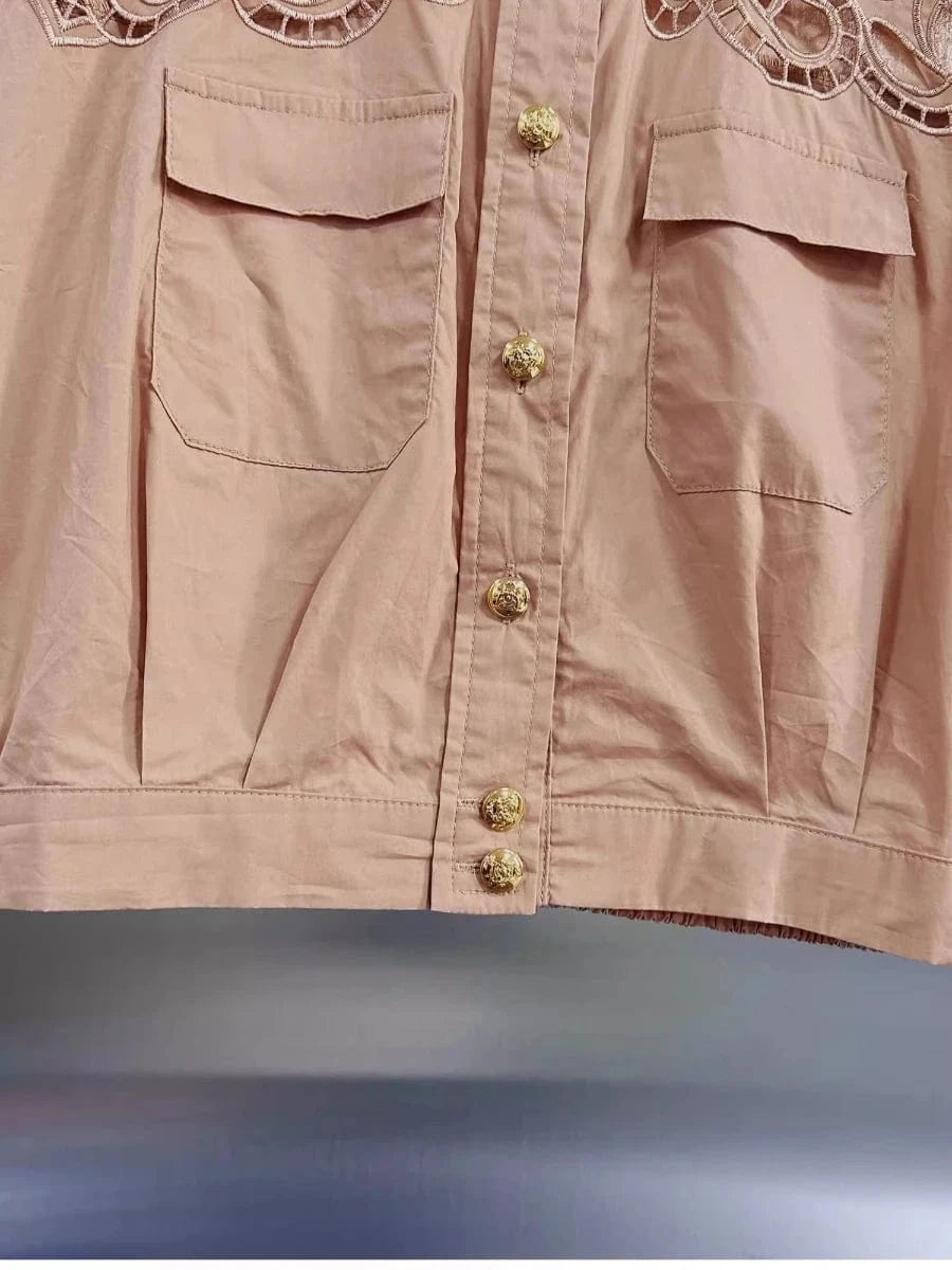 VGH Solid Embroidery Design Two Piece Sets for Women Lapel Sleeveless Top High Wasit Spliced Hollow Out A Line Skirt Suit Female