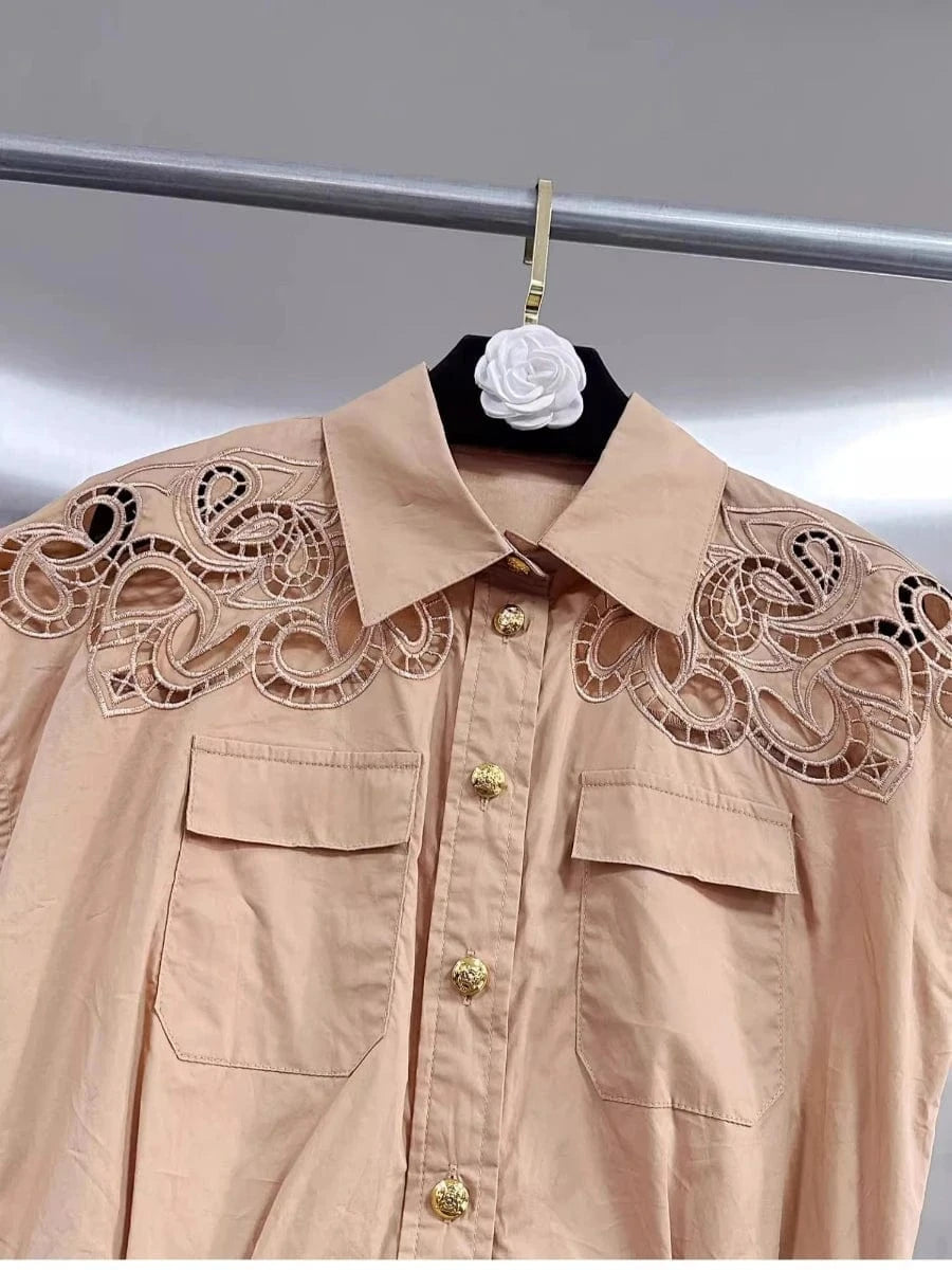 VGH Solid Embroidery Design Two Piece Sets for Women Lapel Sleeveless Top High Wasit Spliced Hollow Out A Line Skirt Suit Female