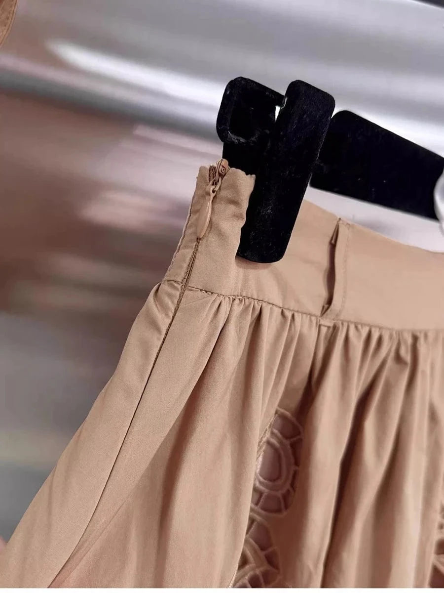 VGH Solid Embroidery Design Two Piece Sets for Women Lapel Sleeveless Top High Wasit Spliced Hollow Out A Line Skirt Suit Female