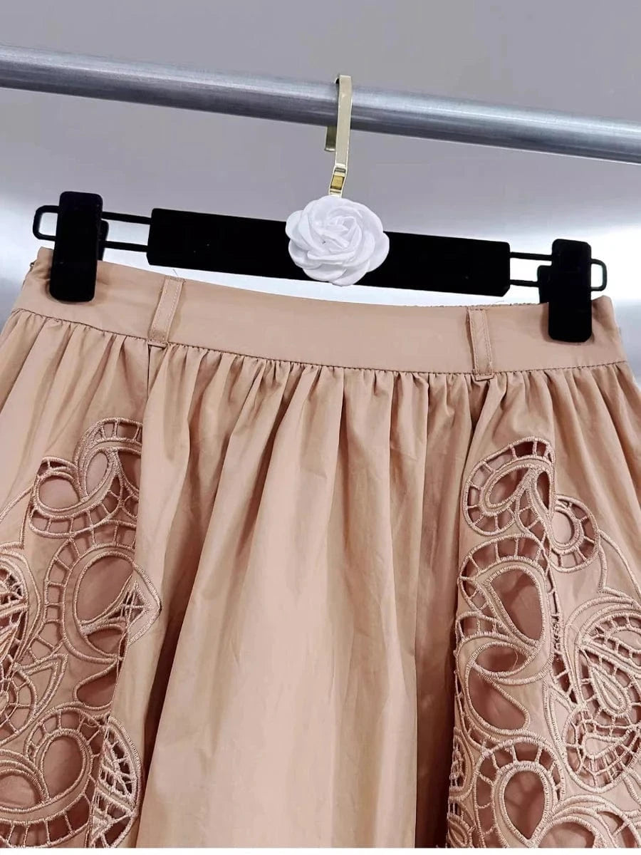 VGH Solid Embroidery Design Two Piece Sets for Women Lapel Sleeveless Top High Wasit Spliced Hollow Out A Line Skirt Suit Female