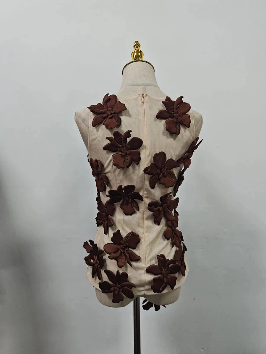 VGH Solid Spliced 3D Petal Tank Tops for Women Round Neck Sleeveless Patchwork Zipper Sheer Mesh Vest Female Fashion Clothing