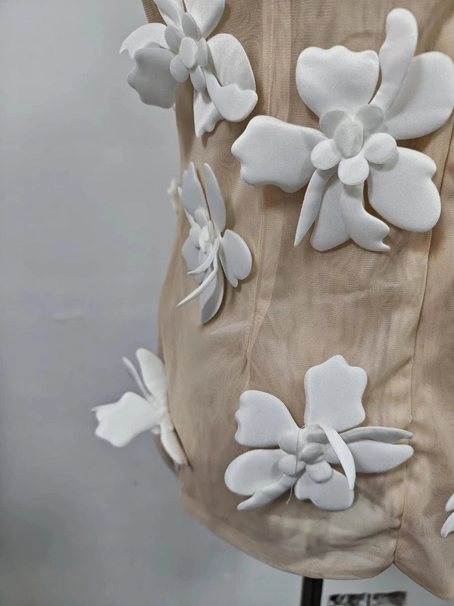 VGH Solid Spliced 3D Petal Tank Tops for Women Round Neck Sleeveless Patchwork Zipper Sheer Mesh Vest Female Fashion Clothing