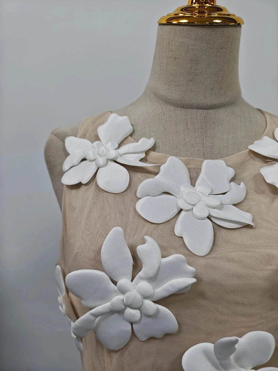 VGH Solid Spliced 3D Petal Tank Tops for Women Round Neck Sleeveless Patchwork Zipper Sheer Mesh Vest Female Fashion Clothing