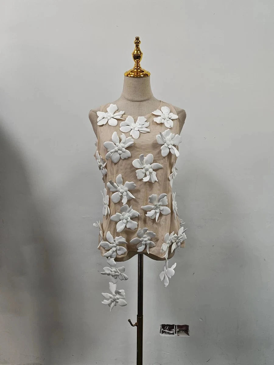 VGH Solid Spliced 3D Petal Tank Tops for Women Round Neck Sleeveless Patchwork Zipper Sheer Mesh Vest Female Fashion Clothing