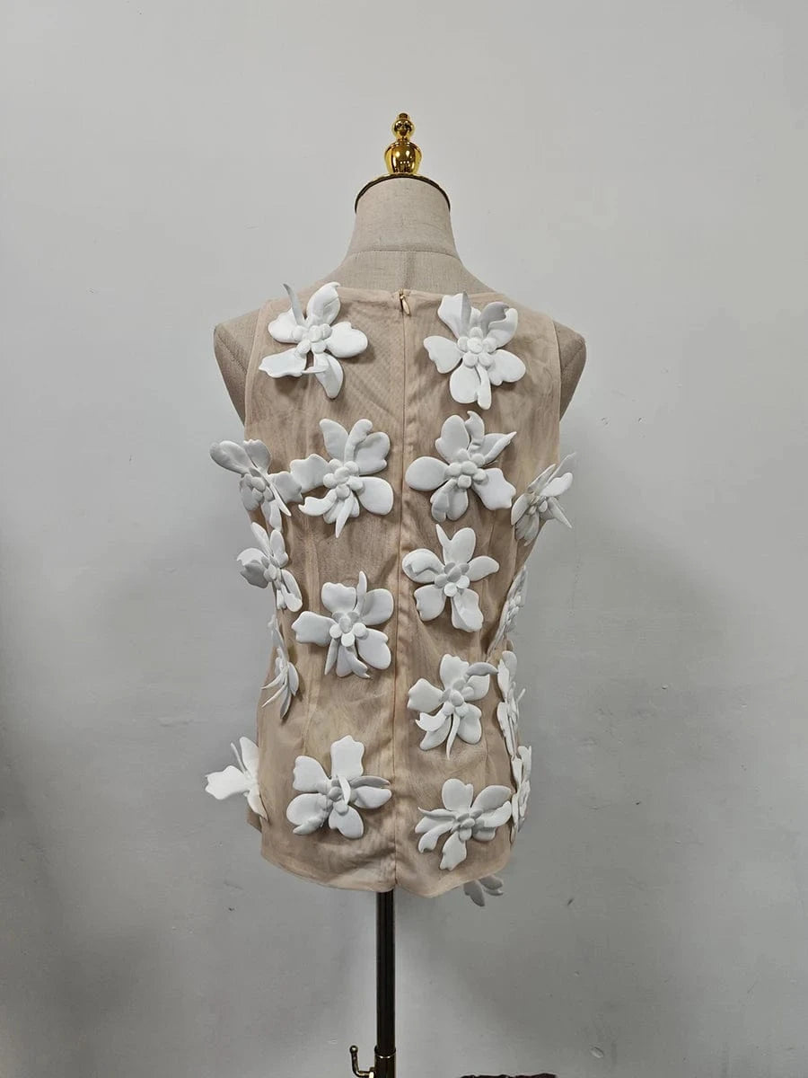 VGH Solid Spliced 3D Petal Tank Tops for Women Round Neck Sleeveless Patchwork Zipper Sheer Mesh Vest Female Fashion Clothing