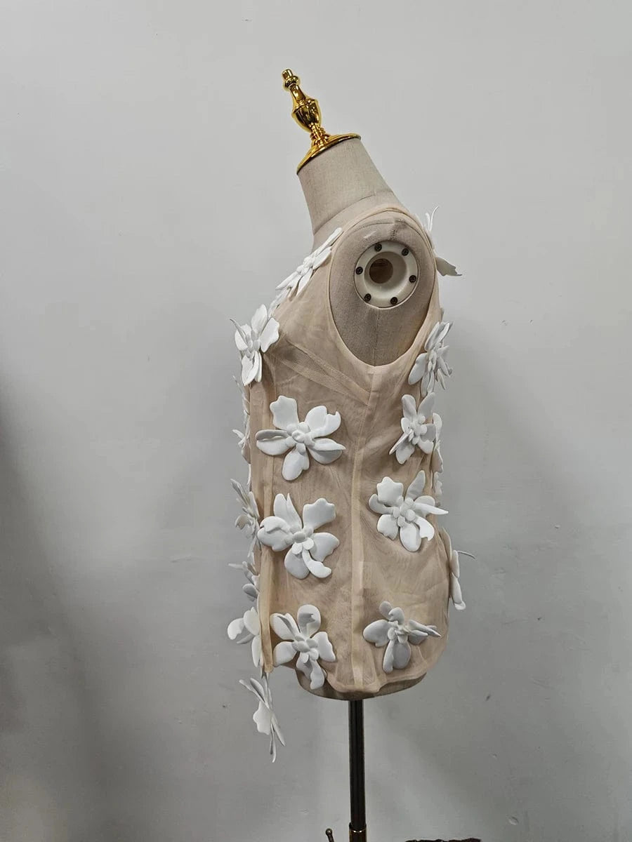 VGH Solid Spliced 3D Petal Tank Tops for Women Round Neck Sleeveless Patchwork Zipper Sheer Mesh Vest Female Fashion Clothing