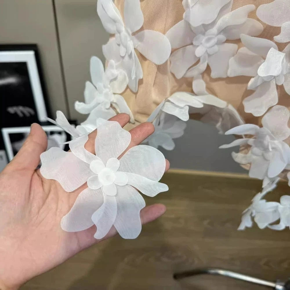 VGH Solid Spliced 3D Petal Tank Tops for Women Round Neck Sleeveless Patchwork Zipper Sheer Mesh Vest Female Fashion Clothing