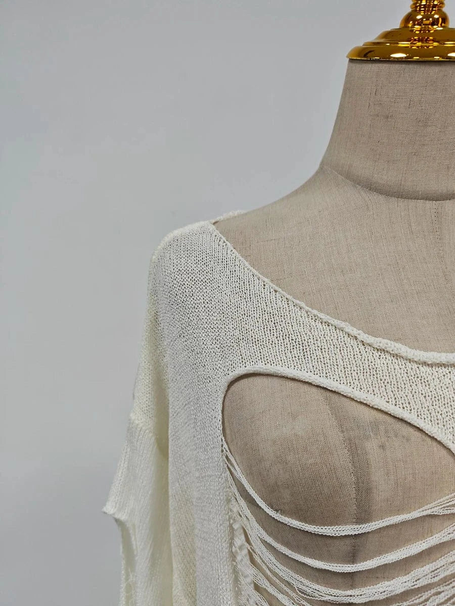 VGH Streetwear Spliced Hollow Out Summer Knitwear for Women Round Neck Long Sleeve Patchwork Asymmetrical Designer Tees Female