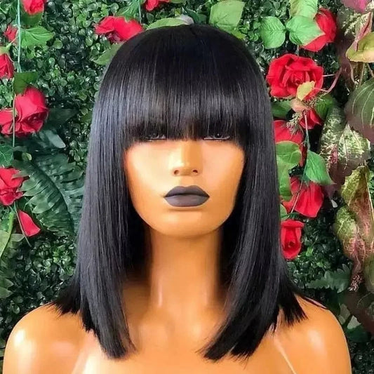 Vigin Full Machine No Lace Peruvian Bob Wig With Bang,Colored Human Hair Short Bob Wigs,12 Inch 613 Blonde Bob Wigs