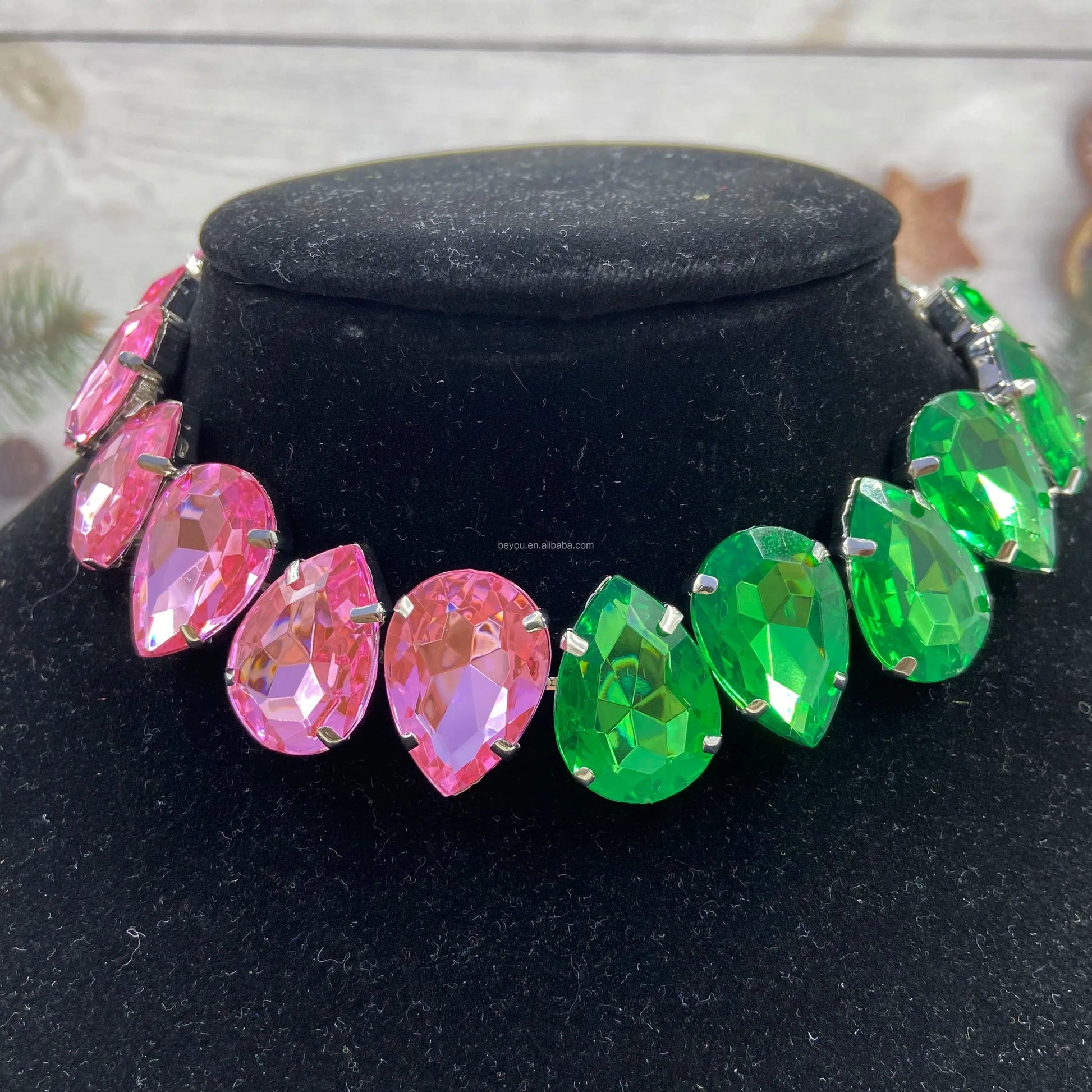 vintage / 16inches / chocker Pink Green Luxury Rhinestone Sweet Cool Tassel Iced Out Crystal Necklace Adjustable Collar Chain Women's Fashion Jewelry