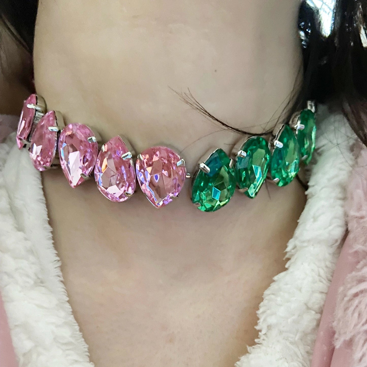 vintage / 16inches / chocker Pink Green Luxury Rhinestone Sweet Cool Tassel Iced Out Crystal Necklace Adjustable Collar Chain Women's Fashion Jewelry