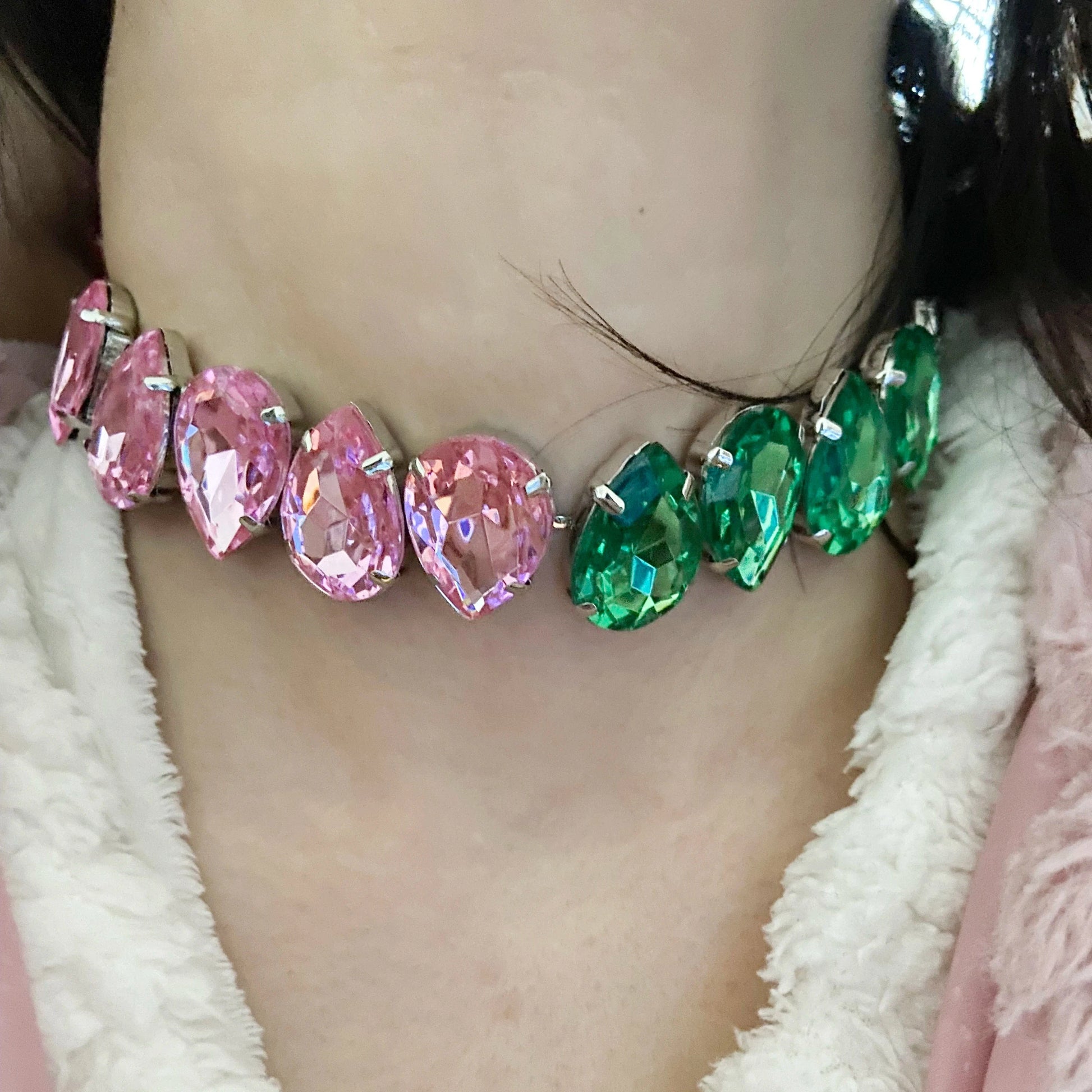 vintage / 16inches / chocker Pink Green Luxury Rhinestone Sweet Cool Tassel Iced Out Crystal Necklace Adjustable Collar Chain Women's Fashion Jewelry