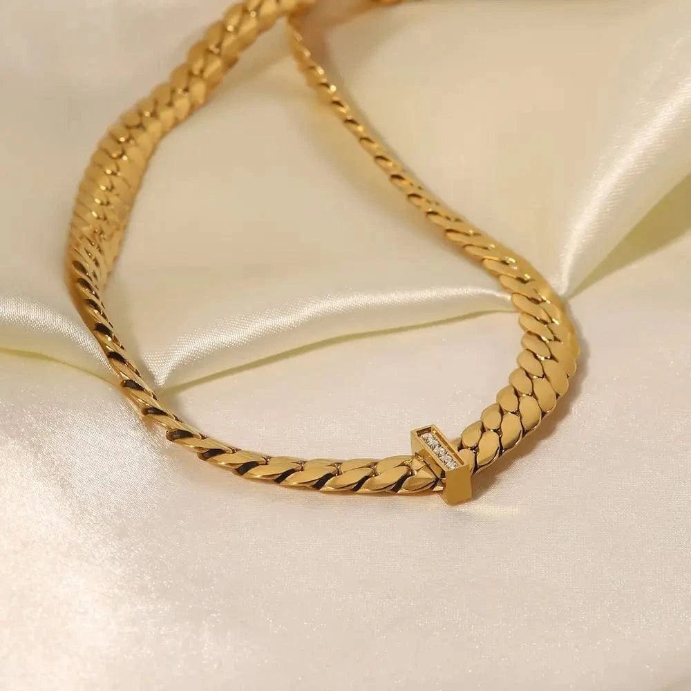 vintage / 18inches / N2356 N2356 Geometric 18K PVD Gold Plated Stainless Steel Flat Cuban Chain Zircon Bar Pendant Necklace