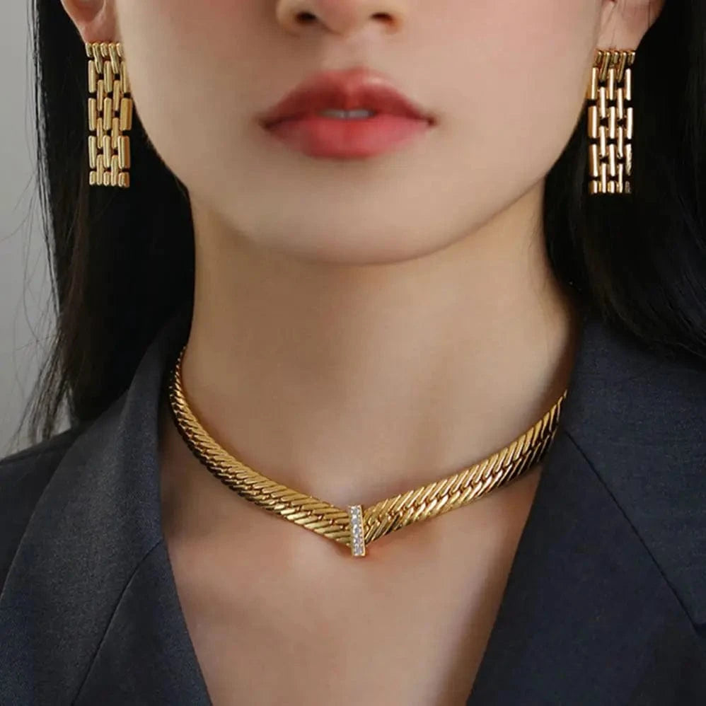 vintage / 18inches / N2356 N2356 Geometric 18K PVD Gold Plated Stainless Steel Flat Cuban Chain Zircon Bar Pendant Necklace