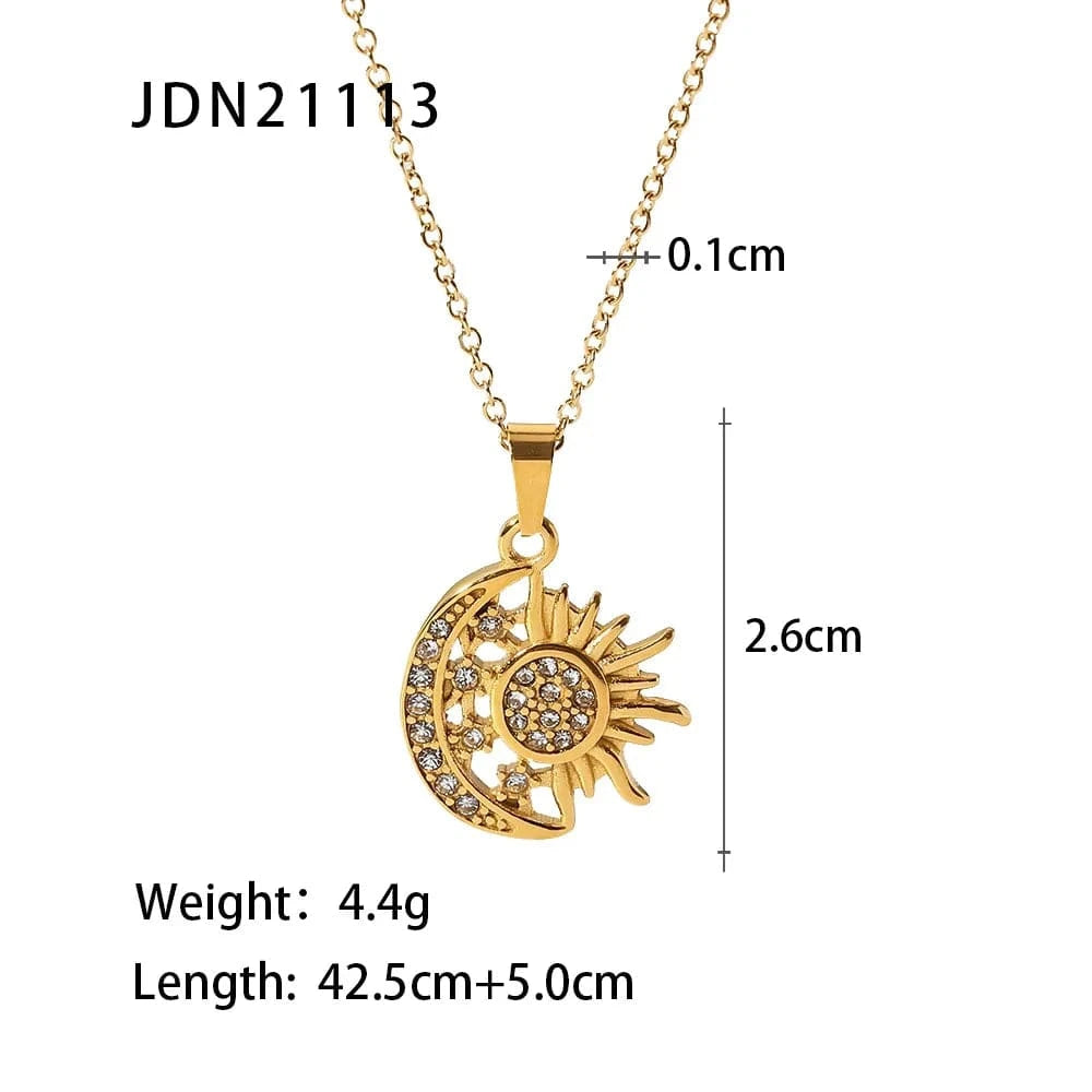 vintage / 18inches / N2399 N2399 Stainless Steel Zircon Moon Sun Necklace Women 18K Gold Plated Moon Sunburst Pendant Necklace for Girls