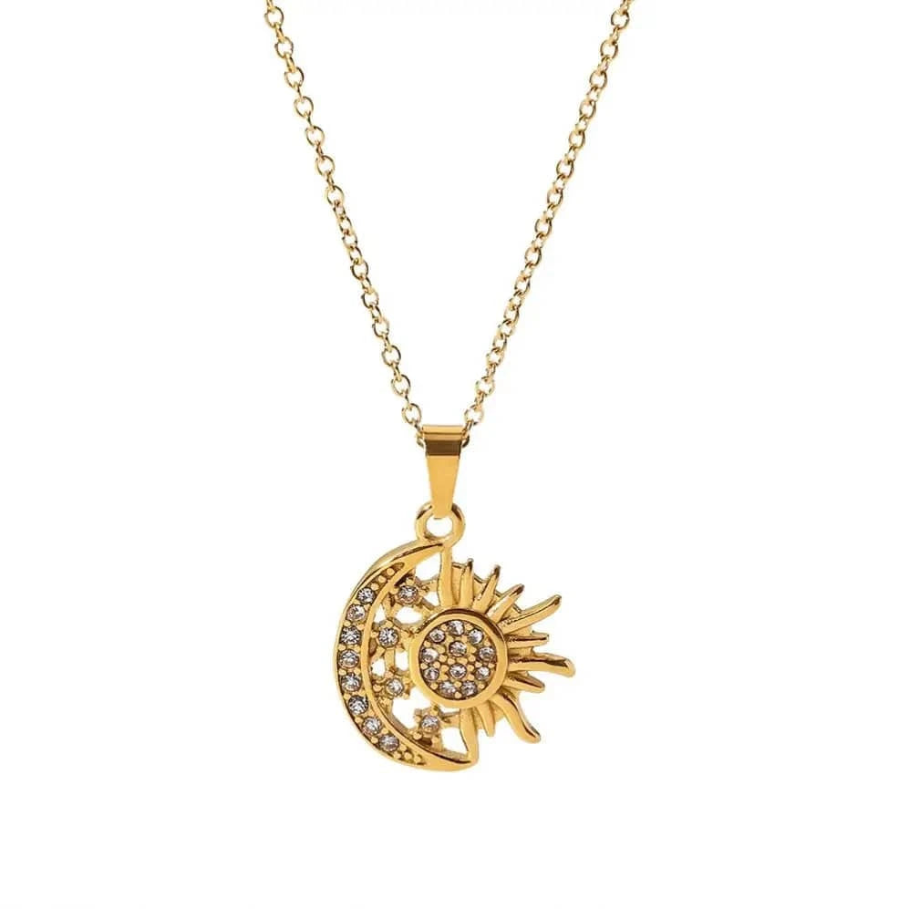 vintage / 18inches / N2399 N2399 Stainless Steel Zircon Moon Sun Necklace Women 18K Gold Plated Moon Sunburst Pendant Necklace for Girls