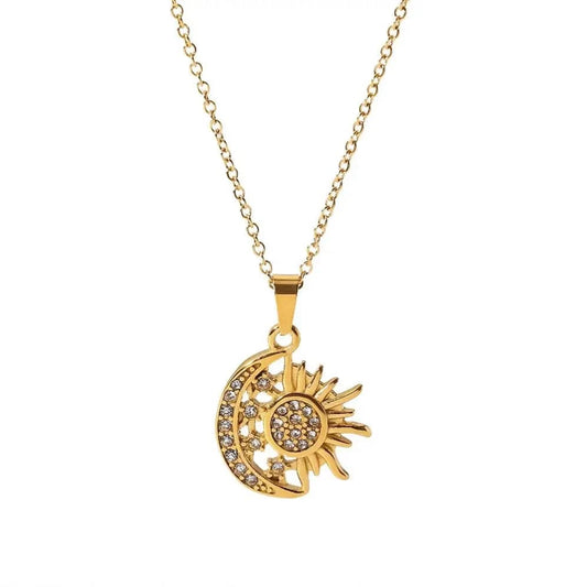vintage / 18inches / N2399 N2399 Stainless Steel Zircon Moon Sun Necklace Women 18K Gold Plated Moon Sunburst Pendant Necklace for Girls