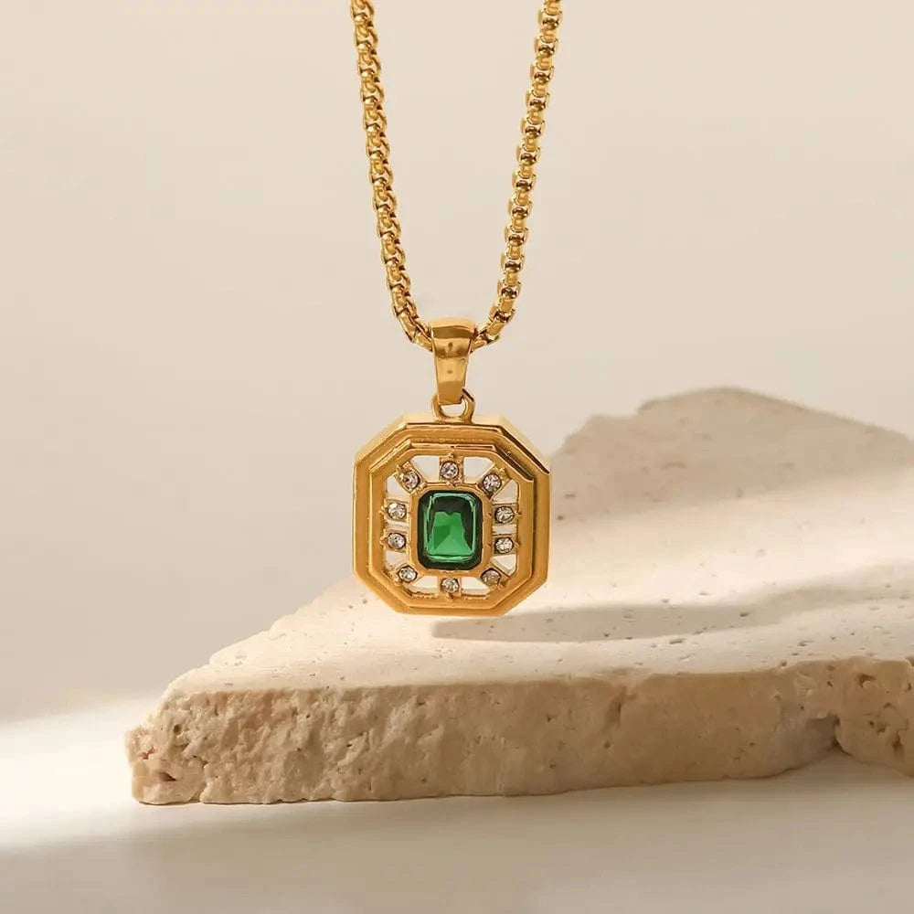vintage / 18inches / N2416 N2416 Vintage Jewelry 18K Gold Plated Box Chain Stainless Steel Hollow Green Zircon Pendant Necklace
