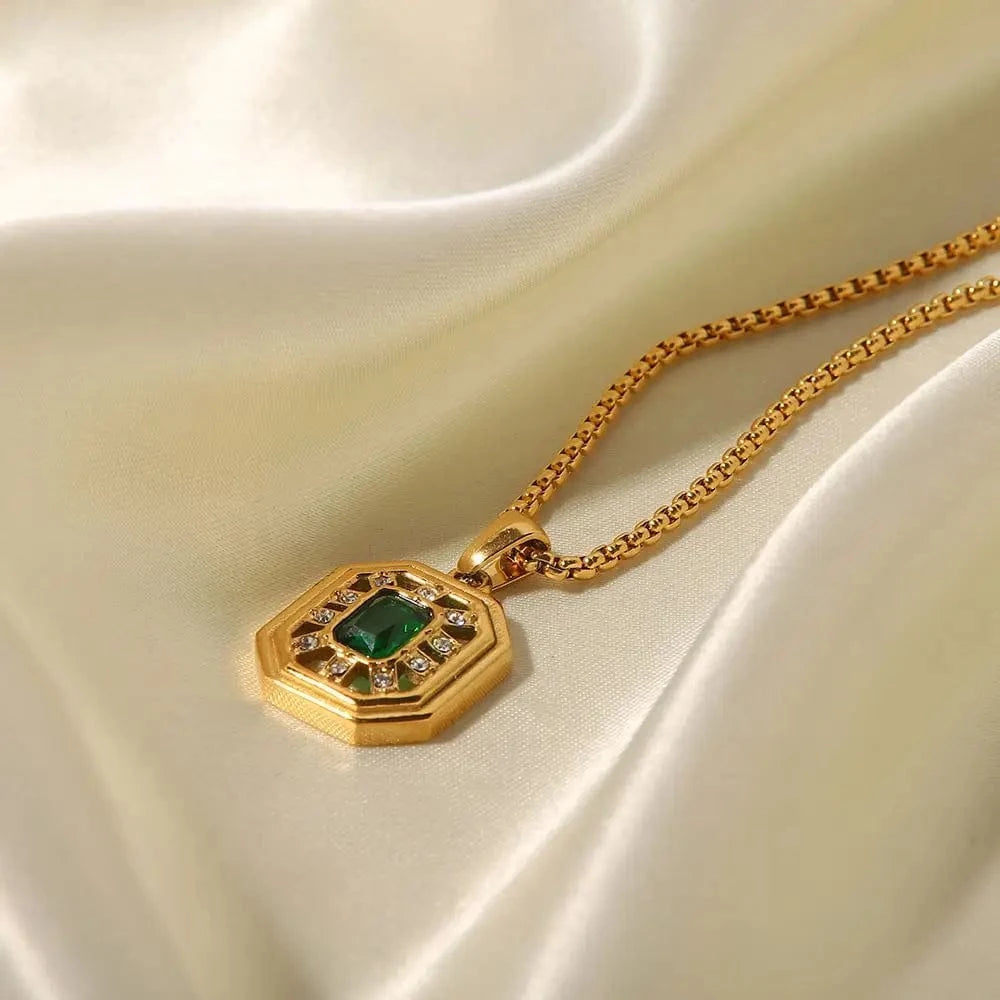 vintage / 18inches / N2416 N2416 Vintage Jewelry 18K Gold Plated Box Chain Stainless Steel Hollow Green Zircon Pendant Necklace