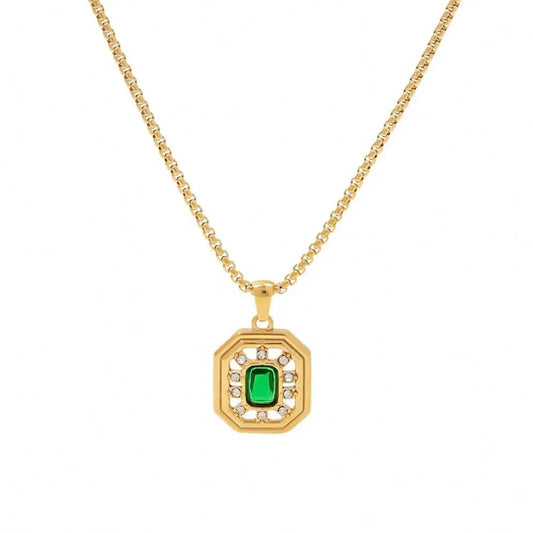 vintage / 18inches / N2416 N2416 Vintage Jewelry 18K Gold Plated Box Chain Stainless Steel Hollow Green Zircon Pendant Necklace