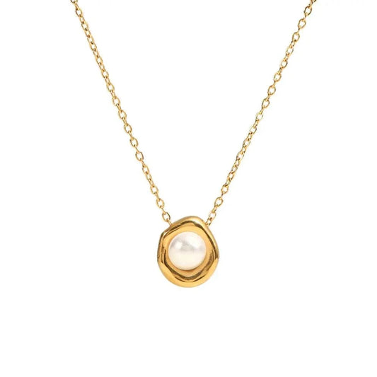 vintage / 18inches / N2424 N2424 Vintage Jewelry Stainless Steel Link Chain Pearl Necklace Irregular Pendant Paved White Pearl Necklace