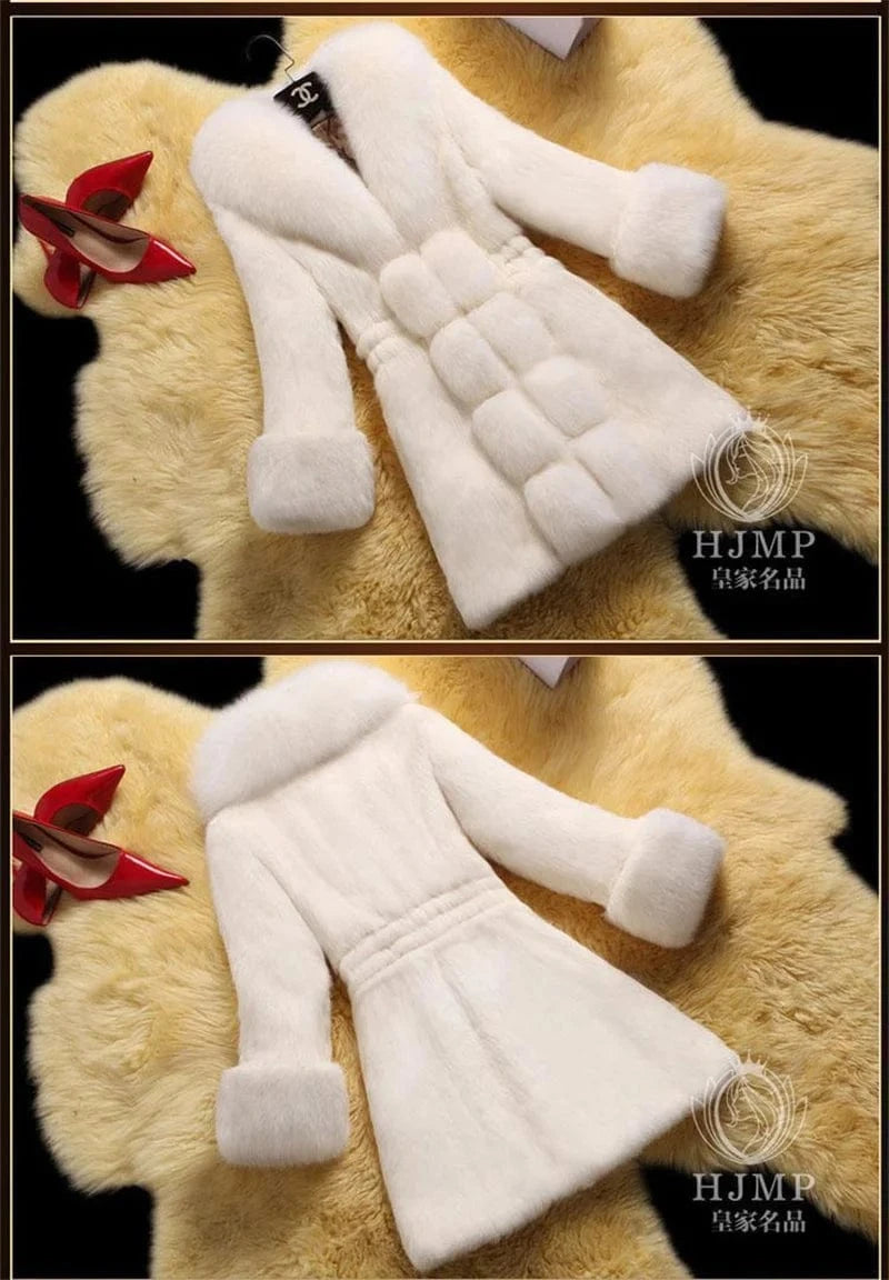 Vintage 2024 New Autumn Winter Female Mid-Long Fleece Overcoat Faux Fur Fox Fur Collar Mink Fur Coat Thicken Elegant 408