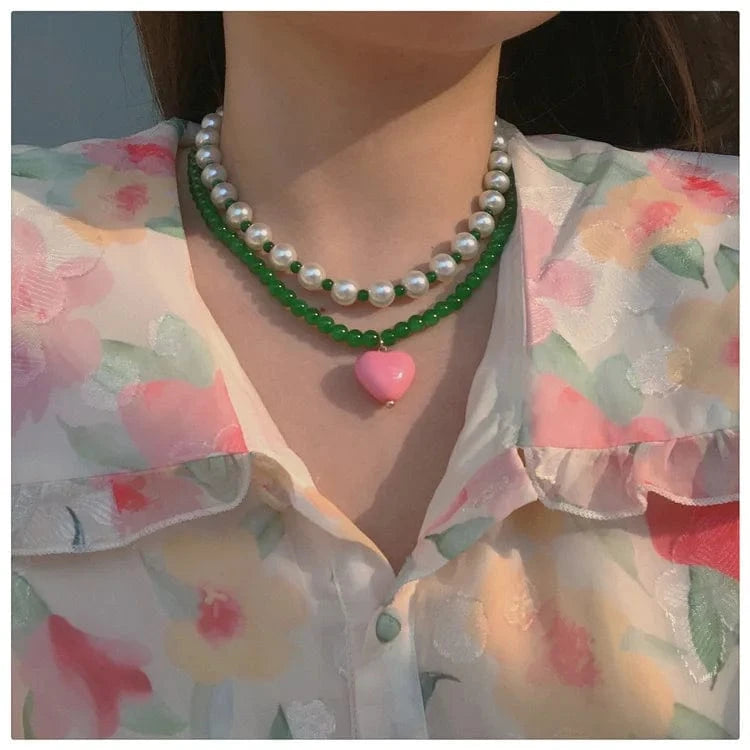 vintage / 20inches / double necklace Green Pearl Pink Heart Double Necklace Set Light Luxury High-end Design Niche Clavicle Chain Trendy Decorative Necklace Jewelry