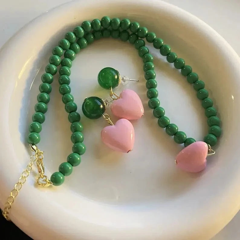 vintage / 20inches / earring necklace Green Pearl Pink Heart Double Necklace Set Light Luxury High-end Design Niche Clavicle Chain Trendy Decorative Necklace Jewelry