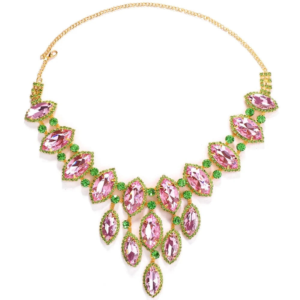 vintage / 20inches / Gold Pink Green Silver Gold Plated Water Drop Shaped Necklace Luxurious Rhinestone Decorated Statement Women' Party Jewelry