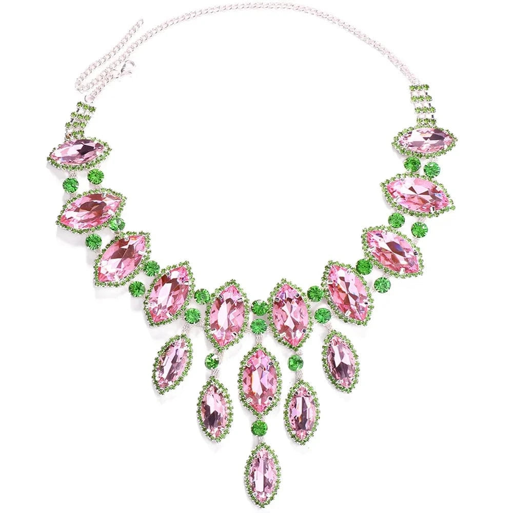 vintage / 20inches / silver Pink Green Silver Gold Plated Water Drop Shaped Necklace Luxurious Rhinestone Decorated Statement Women' Party Jewelry