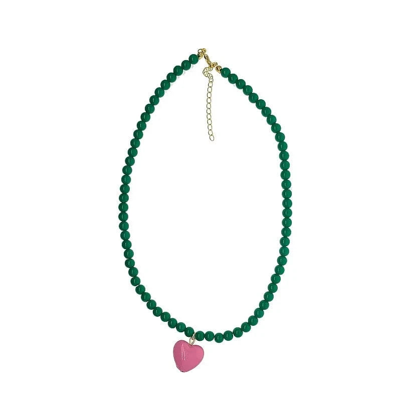 vintage / 20inches / single Green Pearl Pink Heart Double Necklace Set Light Luxury High-end Design Niche Clavicle Chain Trendy Decorative Necklace Jewelry