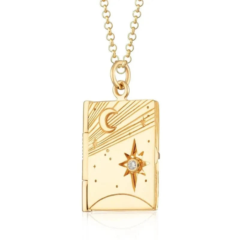 Vintage / 20inches / Star & Moon 2 Vintage Shell Photo Album Frame Pendant Necklace 18k Gold Plated Butterfly Women Jewelry