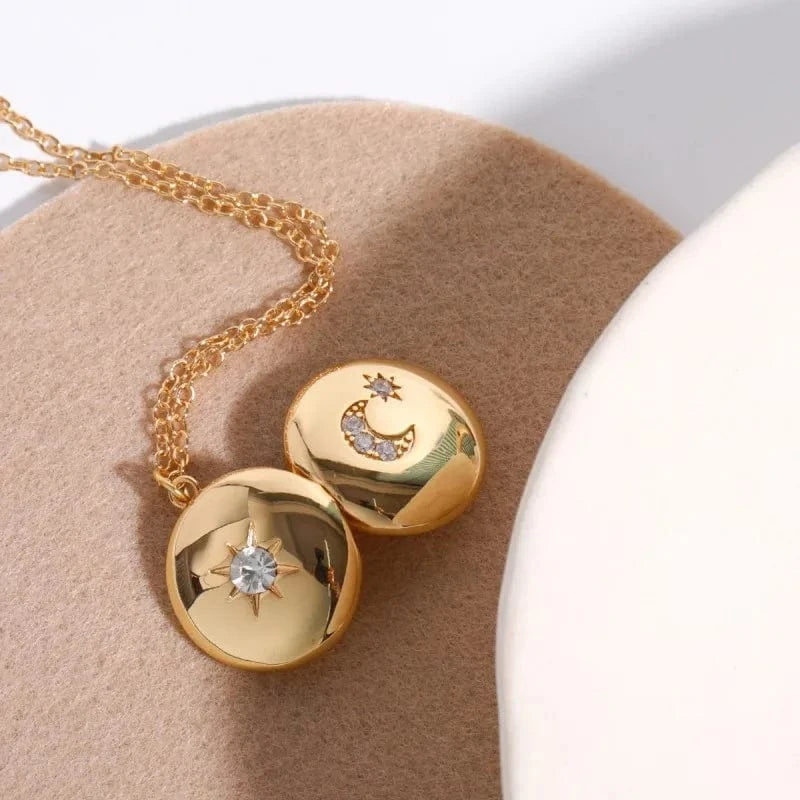 Vintage / 20inches / Sun & Moon Vintage Shell Photo Album Frame Pendant Necklace 18k Gold Plated Butterfly Women Jewelry