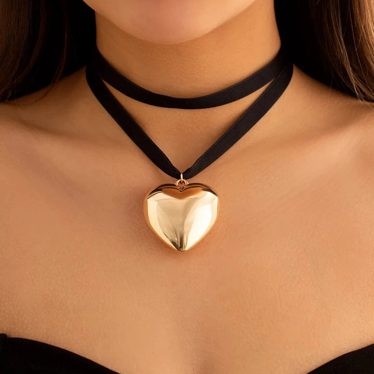 vintage / C5 Fashion Statement Double Layer Black Crystal Chain 3D Heart Pendant Necklace For Women Girls