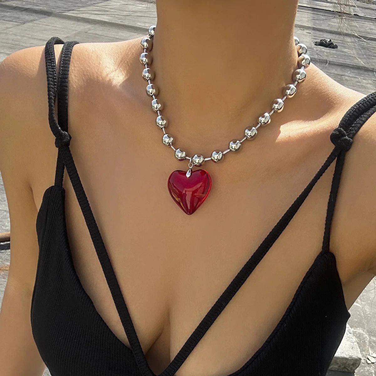 vintage / C8 Fashion Statement Double Layer Black Crystal Chain 3D Heart Pendant Necklace For Women Girls