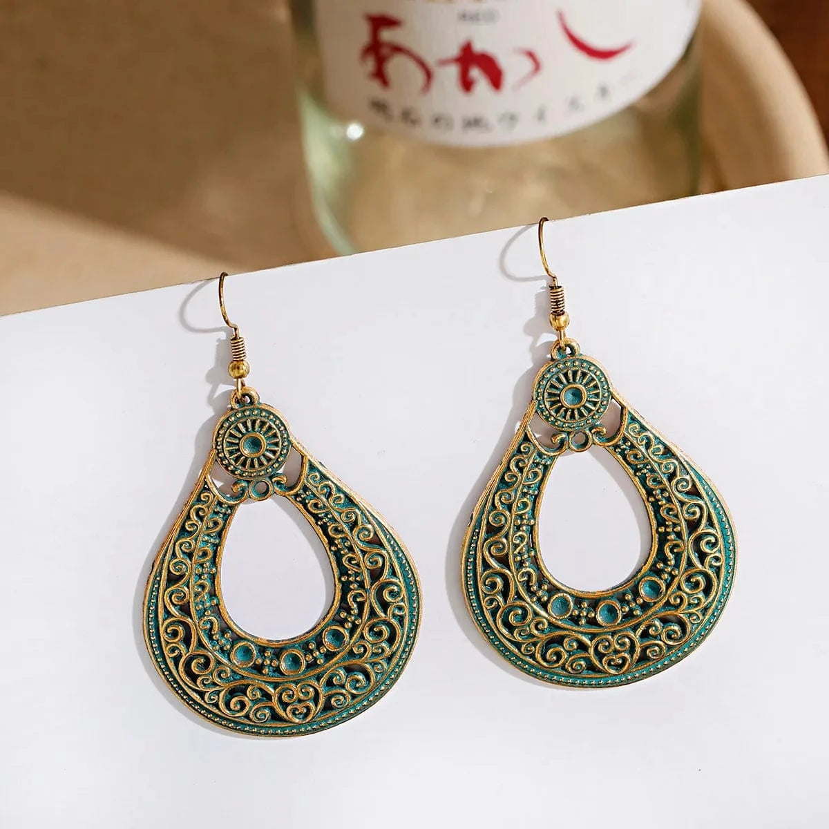 Vintage Carved Pattern Green Jhumka Water Drop Statement Hook Earrings For Women Egypt Tribal Gypsy Wedding Indian Jewelry