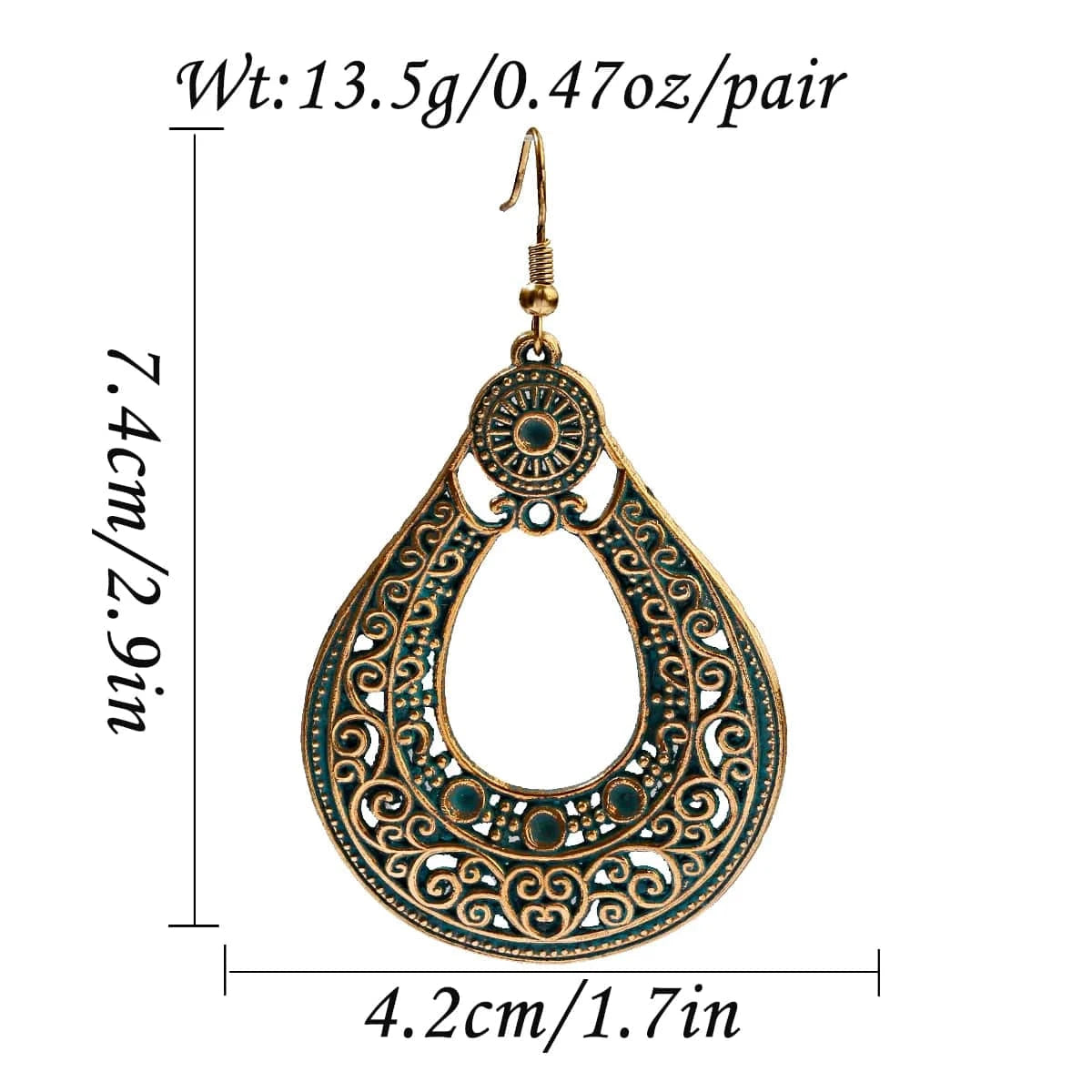 Vintage Carved Pattern Green Jhumka Water Drop Statement Hook Earrings For Women Egypt Tribal Gypsy Wedding Indian Jewelry