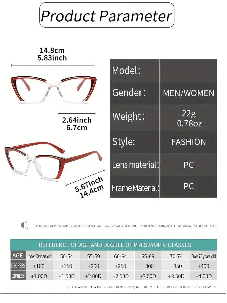 Vintage Cat-Eye Full Rim Reading Glasses Non-Prescription, PC Frame & Lens, Elegant Design, Range  1.0 to  4.0